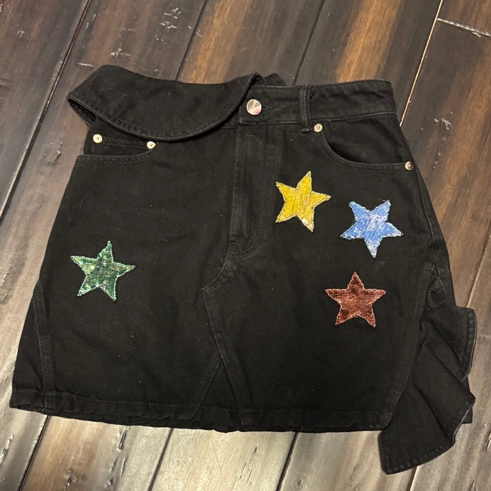 Valentino Black Mini Skirt with Yellow, Blue, Green & Brown Star Patches